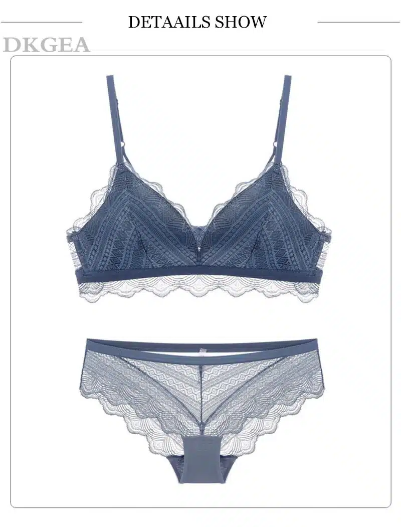 New Top Blue Bra Panties Set Lace Lingerie Thin Cotton Brassiere Wire Free Embroider Bra Women Underwear Set Sexy Deep V Gather 12