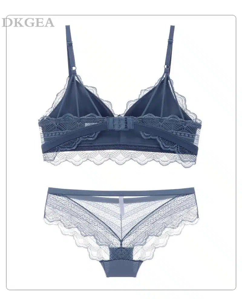 New Top Blue Bra Panties Set Lace Lingerie Thin Cotton Brassiere Wire Free Embroider Bra Women Underwear Set Sexy Deep V Gather 13