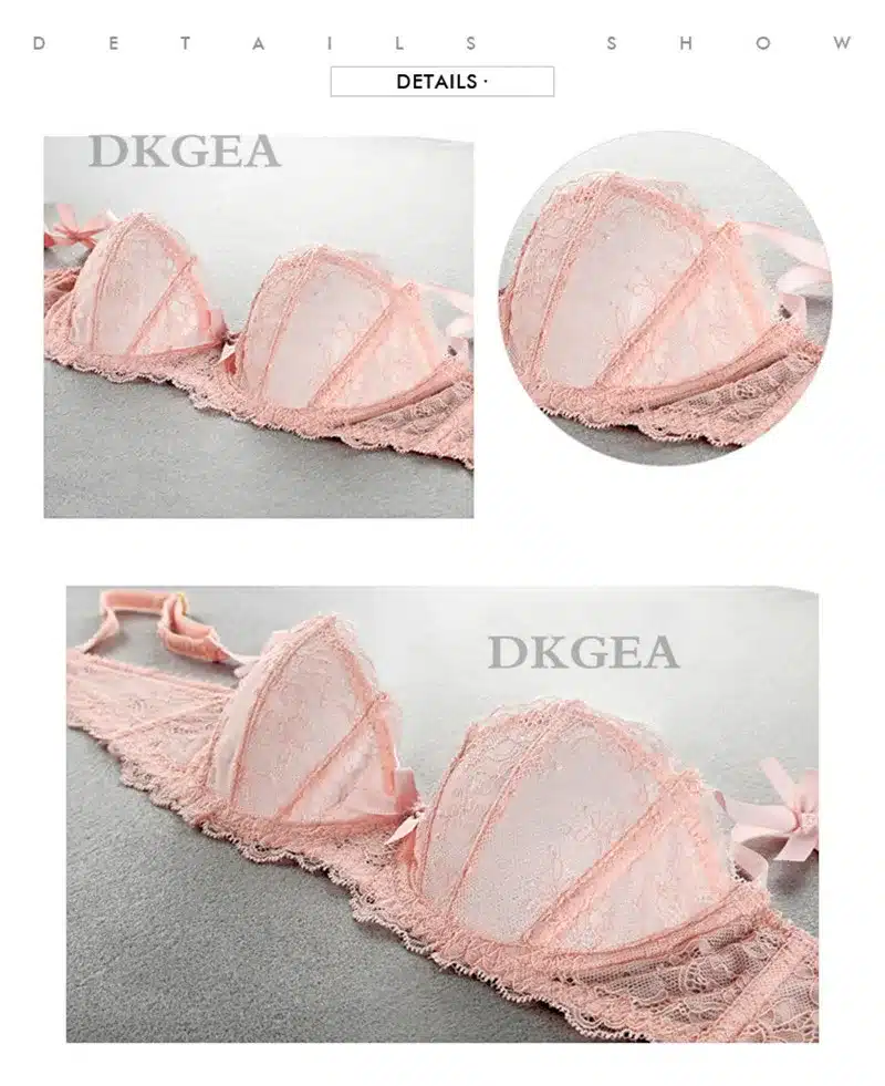 Ultrathin Underwear Set Plus Size 34 36 38 E Cup Sexy Bras Lingerie Lace Women Transparent Bra Set Pink Brassiere Half Cup White 13