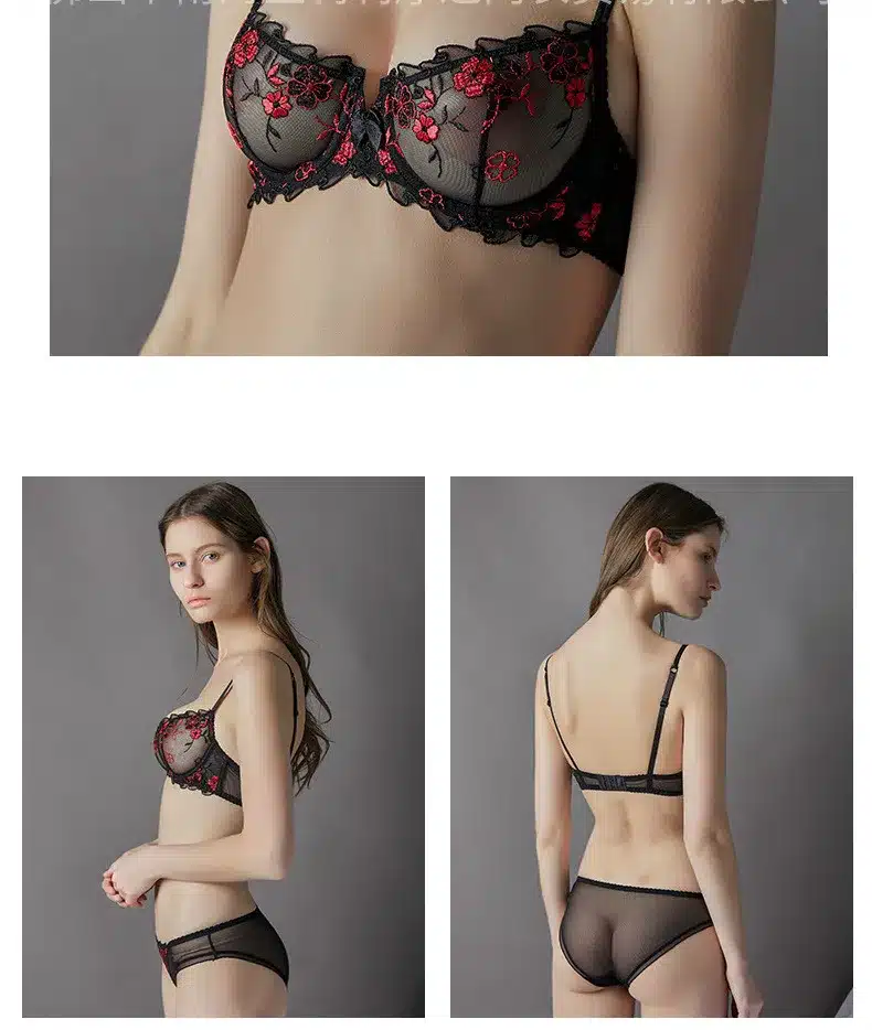 Fashion Embroidery Bras Underwear Women Set Plus Size Lingerie Sexy C D Cup Ultrathin Transparent Bra Panties Lace Bra Set Black 15