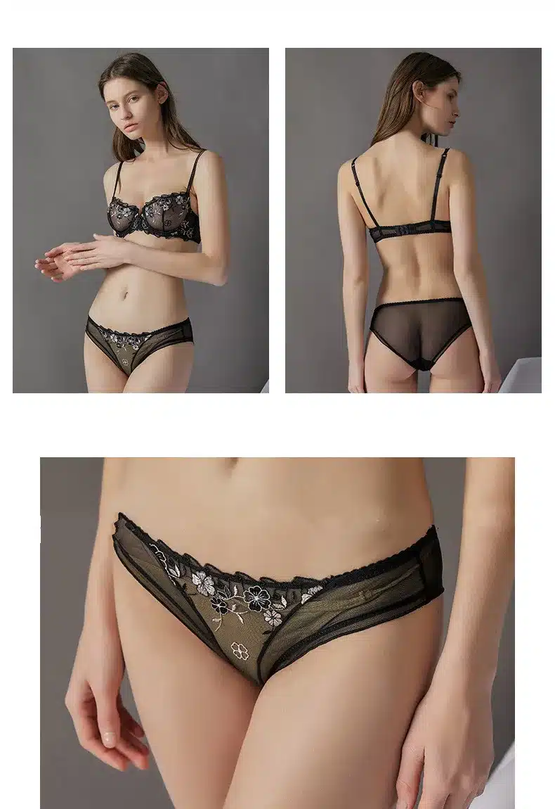 Fashion Embroidery Bras Underwear Women Set Plus Size Lingerie Sexy C D Cup Ultrathin Transparent Bra Panties Lace Bra Set Black 16
