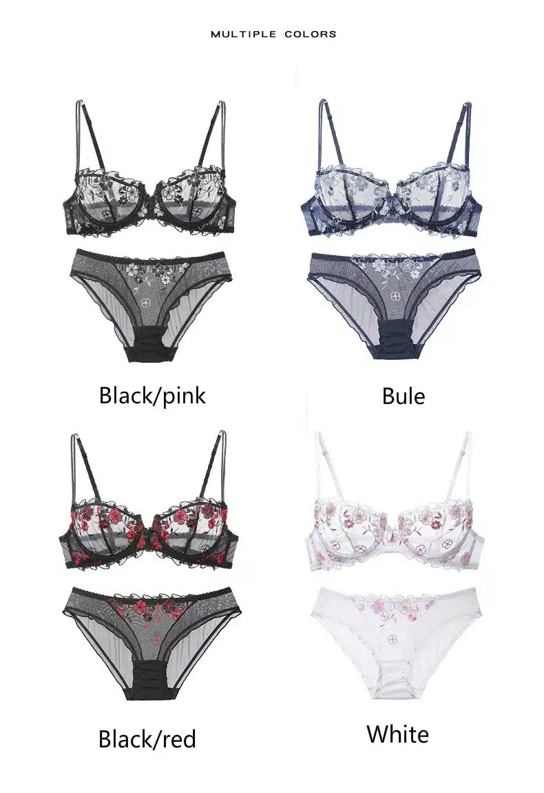 Fashion Embroidery Bras Underwear Women Set Plus Size Lingerie Sexy C D Cup Ultrathin Transparent Bra Panties Lace Bra Set Black 19
