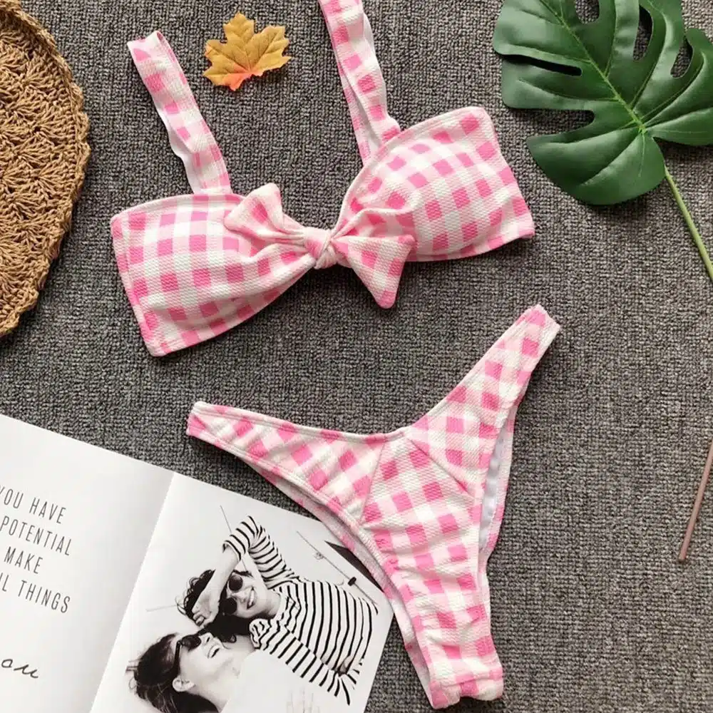 Women's Pink Plaid Swimsuits Sexy Swimming Suit Push Up Bikini May Red Girl Separate Swimwear Female Brazilian Bathing Suits 9