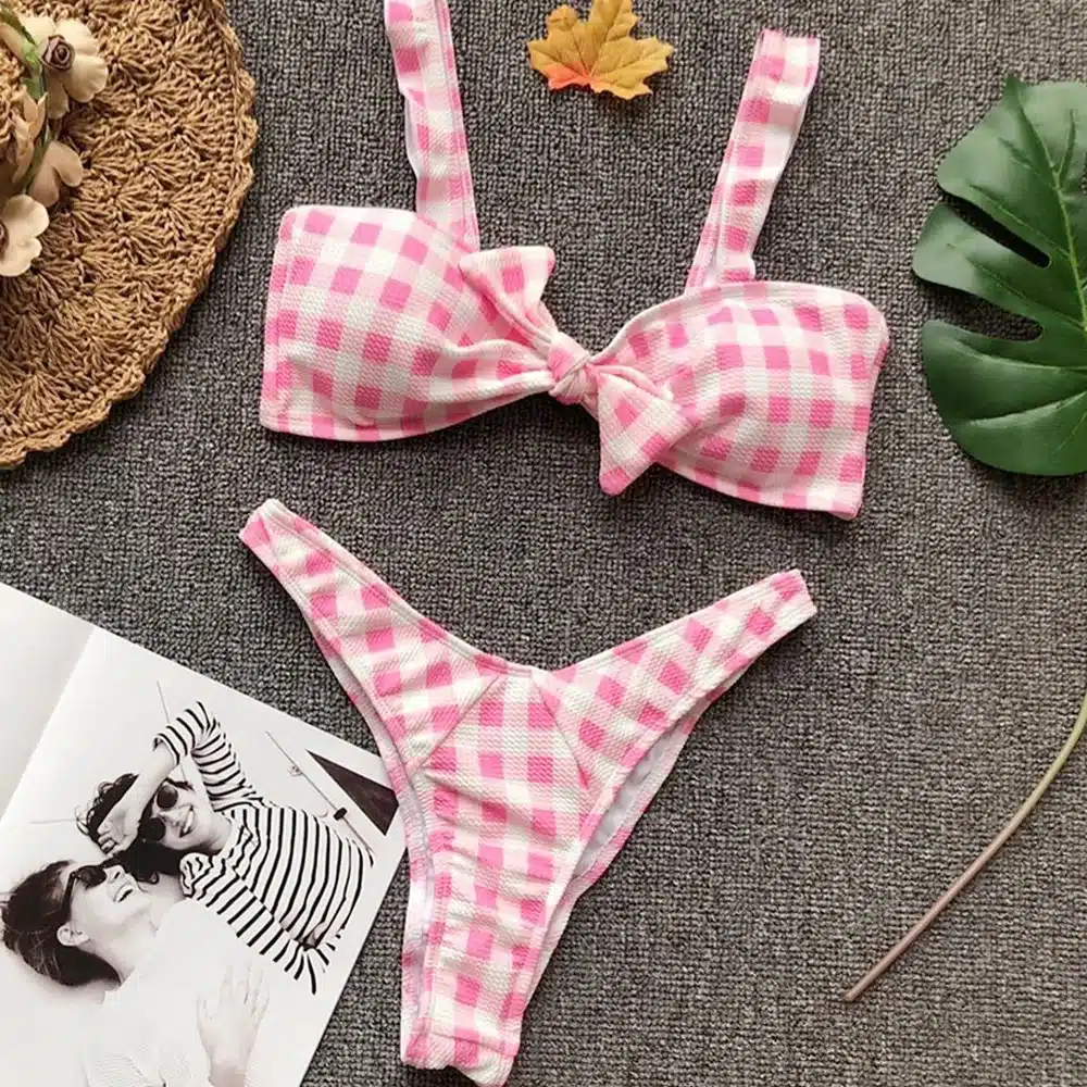 Women's Pink Plaid Swimsuits Sexy Swimming Suit Push Up Bikini May Red Girl Separate Swimwear Female Brazilian Bathing Suits 10