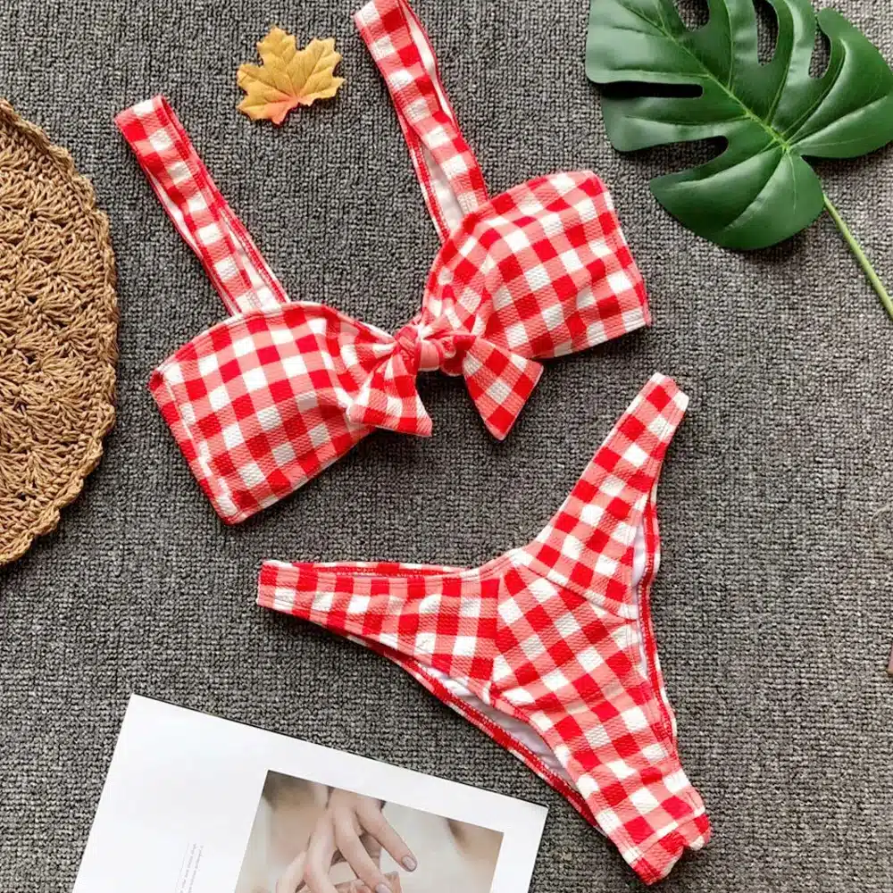 Women's Pink Plaid Swimsuits Sexy Swimming Suit Push Up Bikini May Red Girl Separate Swimwear Female Brazilian Bathing Suits 12