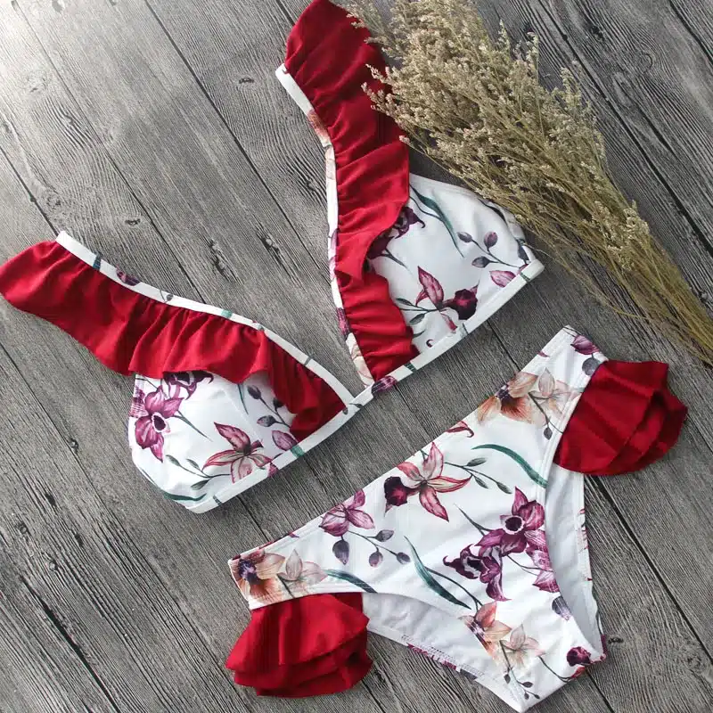 YCDKK 2017 bikini brazilian Women Swimsuit Ruffle Shoulder Bikini Set Pad Vest Bikini Low Waist Bandage Swimwear Flower Print 5