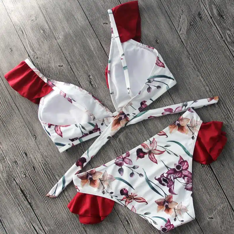 YCDKK 2017 bikini brazilian Women Swimsuit Ruffle Shoulder Bikini Set Pad Vest Bikini Low Waist Bandage Swimwear Flower Print 6