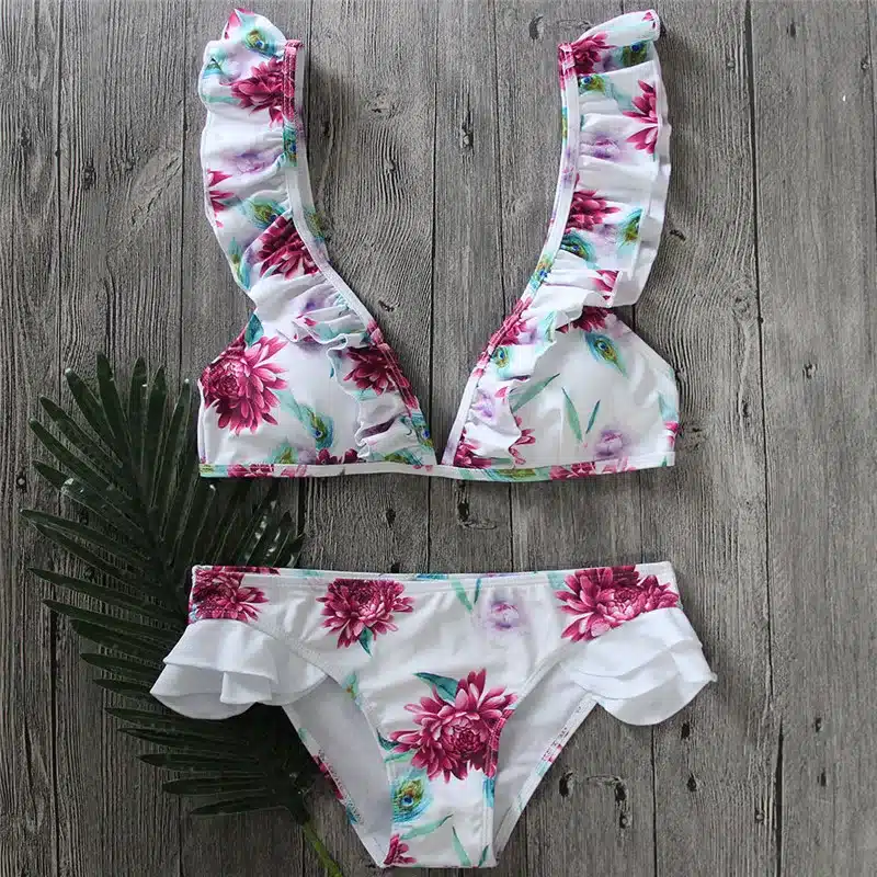 YCDKK 2017 bikini brazilian Women Swimsuit Ruffle Shoulder Bikini Set Pad Vest Bikini Low Waist Bandage Swimwear Flower Print 8