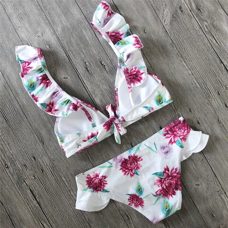 YCDKK 2017 bikini brazilian Women Swimsuit Ruffle Shoulder Bikini Set Pad Vest Bikini Low Waist Bandage Swimwear Flower Print 9