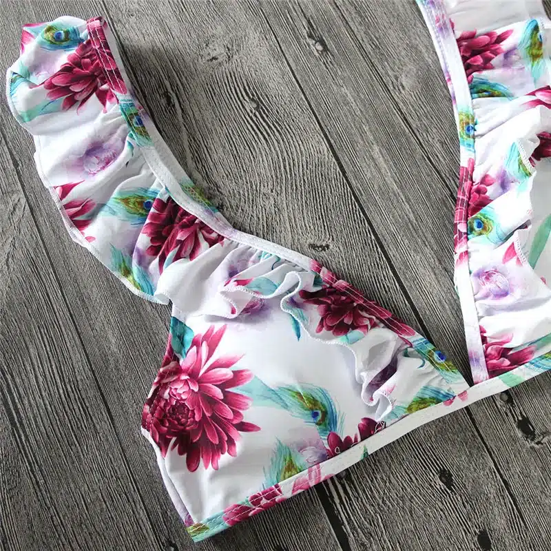 YCDKK 2017 bikini brazilian Women Swimsuit Ruffle Shoulder Bikini Set Pad Vest Bikini Low Waist Bandage Swimwear Flower Print 10