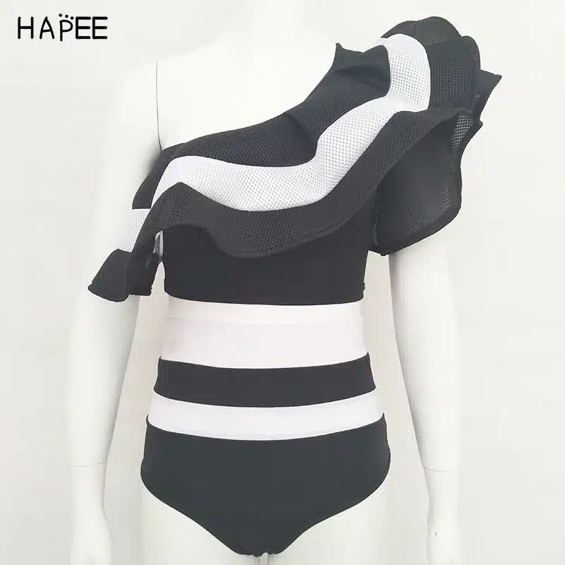 2018 New Summer Black White Ruffles Swimsuit Women Striped Two Piece Bikini Set One Off Shoulder Swimwear Sexy Beach Biqiuni 20