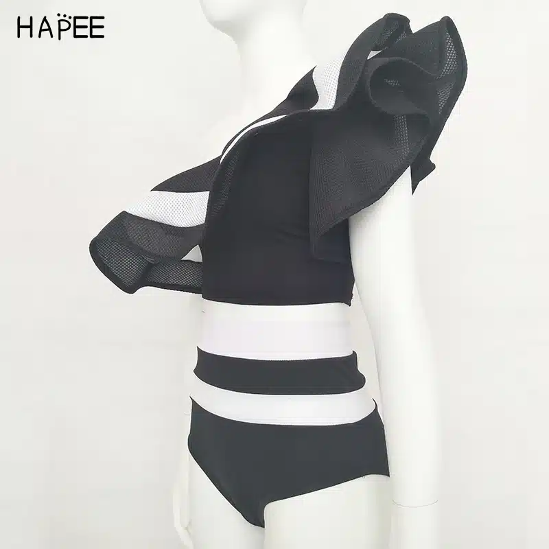 2018 New Summer Black White Ruffles Swimsuit Women Striped Two Piece Bikini Set One Off Shoulder Swimwear Sexy Beach Biqiuni 21
