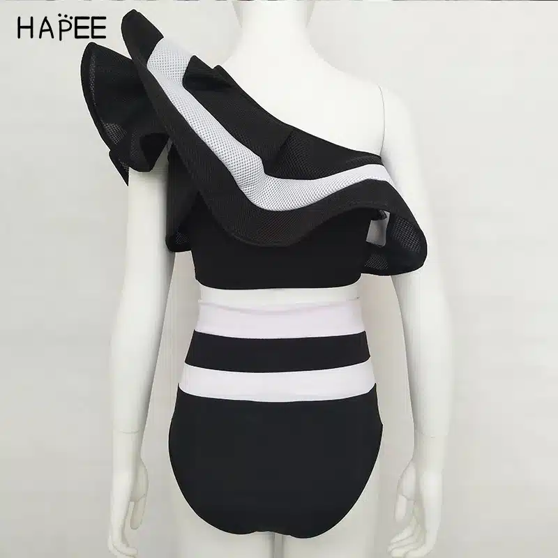 2018 New Summer Black White Ruffles Swimsuit Women Striped Two Piece Bikini Set One Off Shoulder Swimwear Sexy Beach Biqiuni 22