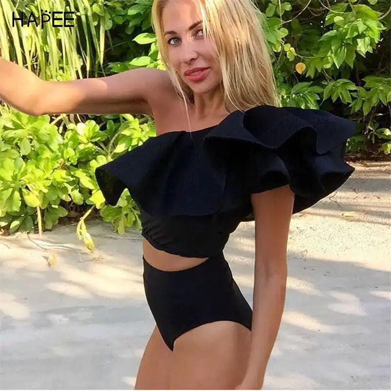 2018 New Summer Black White Ruffles Swimsuit Women Striped Two Piece Bikini Set One Off Shoulder Swimwear Sexy Beach Biqiuni 32