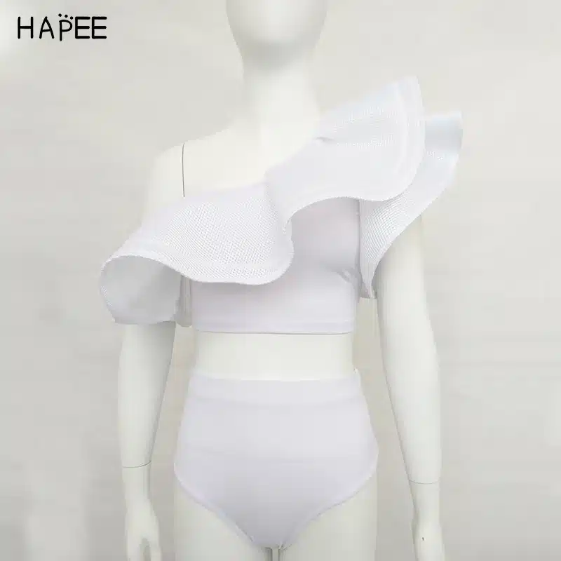 2018 New Summer Black White Ruffles Swimsuit Women Striped Two Piece Bikini Set One Off Shoulder Swimwear Sexy Beach Biqiuni 36