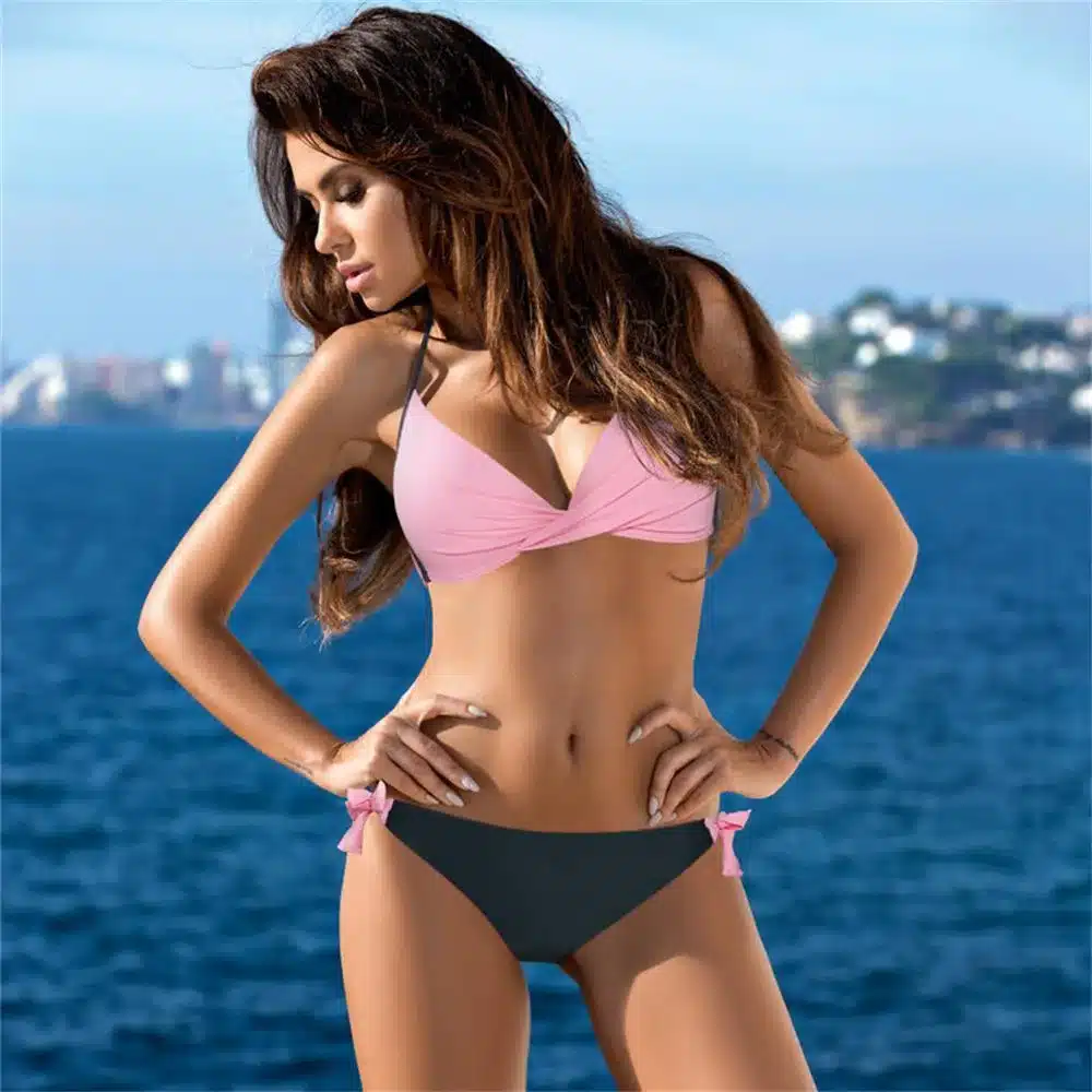 2018 Women Bikini Set Sexy Padded Bathing Suit Swimwsuit Solid Swimwear Halter Top Striped Bottom Summer Beachwear Strap Biquini 15