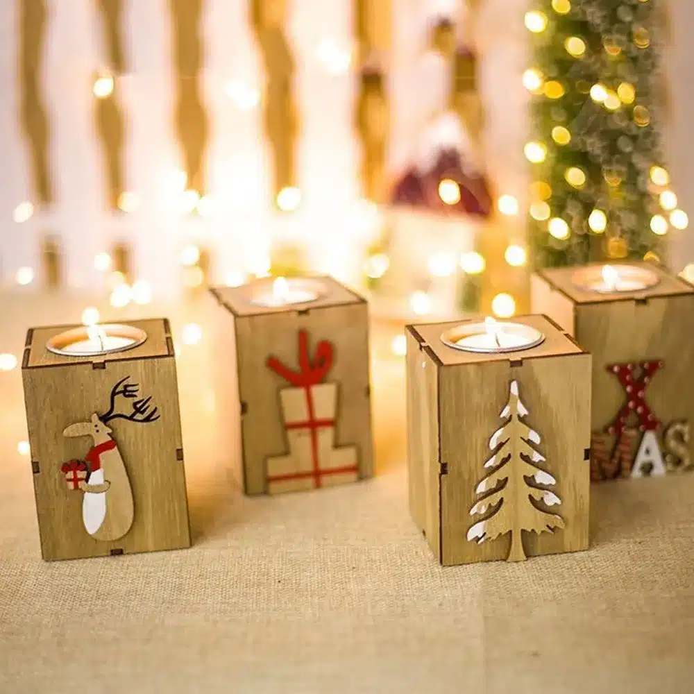 Navidad 2018 Wood Candle Holders Tealight Candlesticks Lantern Vintage Christmas Decorations for Home New Year Party Decor Gifts 9