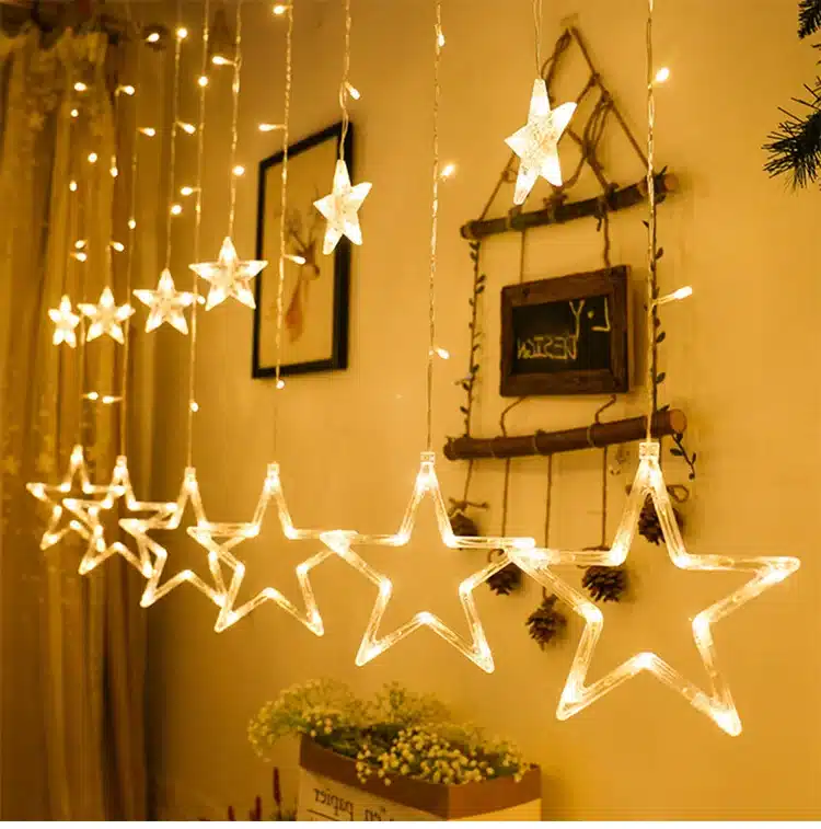 FENGRISE LED String Warm White Christmas Ornaments Fairy Christmas Lights Outdoor Star Garland LED Curtain Party Decoration 15