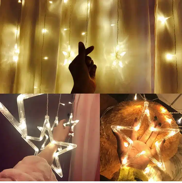 FENGRISE LED String Warm White Christmas Ornaments Fairy Christmas Lights Outdoor Star Garland LED Curtain Party Decoration 16