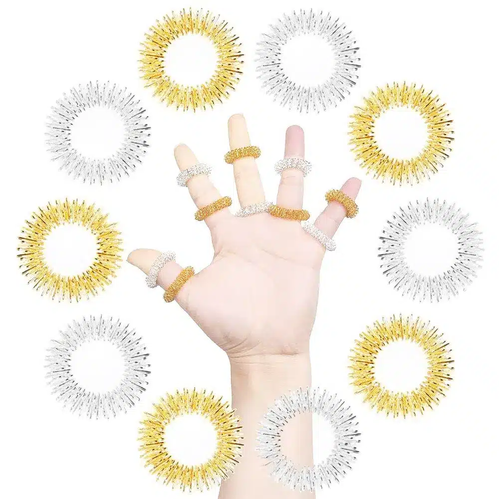 5Pcs Acupressure Massage Rings+ 2Pcs Wrist Massager Rings Acupressure Ring Set Medicine Fidget Finger Ring for Kids Teens Adults 9