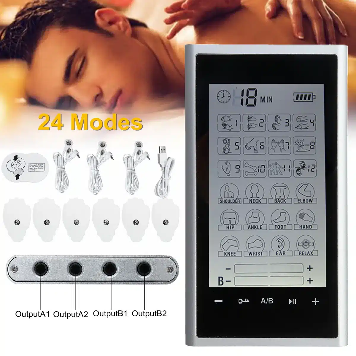 Muscle Therapy Stimulation Ten Unit 24 Modes-Electric Massage Pain Relief Adjustable Lightweight LCD Display Silver Grey Compact 11