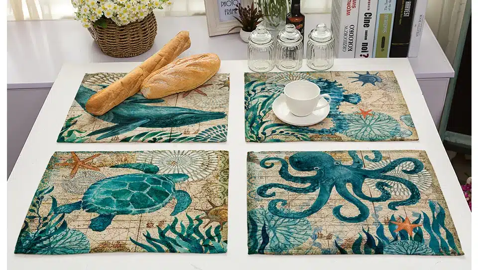 Miracille 2/4/6pieces Set Kitchen Table Mats Cotton Linen Table Napkin Marine Sea Turtle Octopus Pattern Decorative Placemats 10