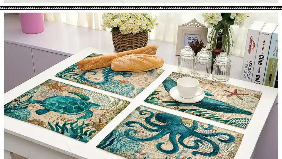 Miracille 2/4/6pieces Set Kitchen Table Mats Cotton Linen Table Napkin Marine Sea Turtle Octopus Pattern Decorative Placemats 11