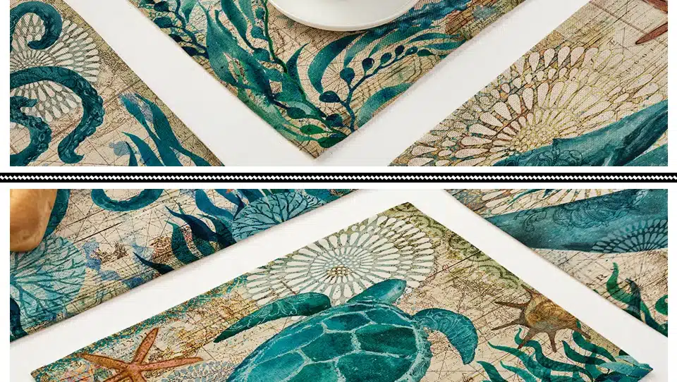 Miracille 2/4/6pieces Set Kitchen Table Mats Cotton Linen Table Napkin Marine Sea Turtle Octopus Pattern Decorative Placemats 13