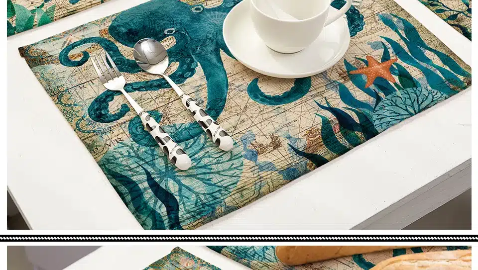 Miracille 2/4/6pieces Set Kitchen Table Mats Cotton Linen Table Napkin Marine Sea Turtle Octopus Pattern Decorative Placemats 15