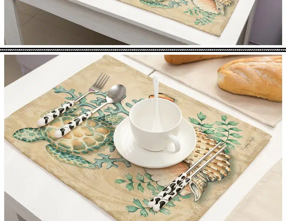 Miracille 2Pcs 4Pcs 6Pcs/lot Marine Animal Sea Turtle Horse Fish Printed Linen Placemat Dinner Coaster Home Textile Table Decor 3