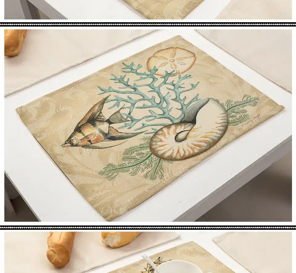 Miracille 2Pcs 4Pcs 6Pcs/lot Marine Animal Sea Turtle Horse Fish Printed Linen Placemat Dinner Coaster Home Textile Table Decor 4