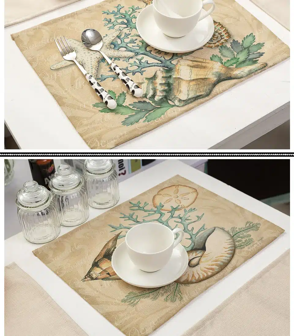 Miracille 2Pcs 4Pcs 6Pcs/lot Marine Animal Sea Turtle Horse Fish Printed Linen Placemat Dinner Coaster Home Textile Table Decor 5