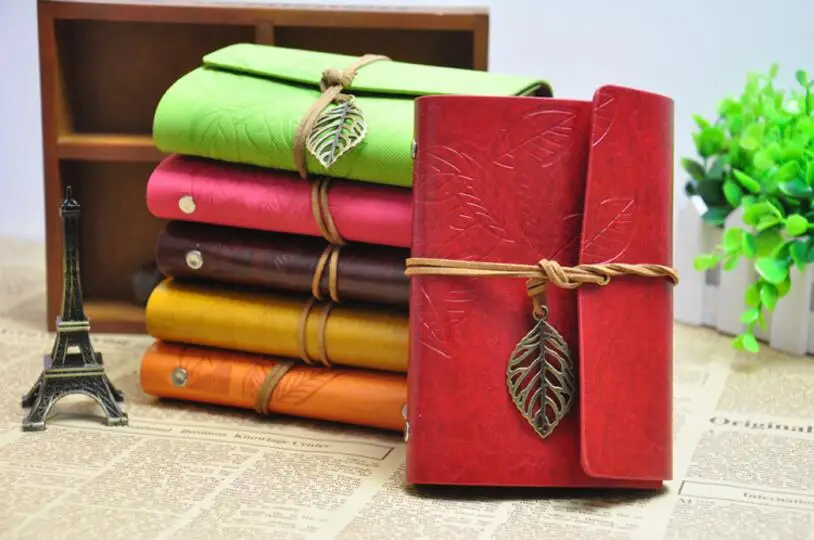 7 Inch 18.5x12.5cm PU Leather Vintage Khaki Paper Maple Leaf Photo Album Diary Notebook 80 Sheets Steel Ring Binding Lron Leaves 27