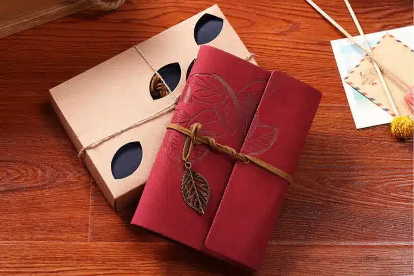 7 Inch 18.5x12.5cm PU Leather Vintage Khaki Paper Maple Leaf Photo Album Diary Notebook 80 Sheets Steel Ring Binding Lron Leaves 30