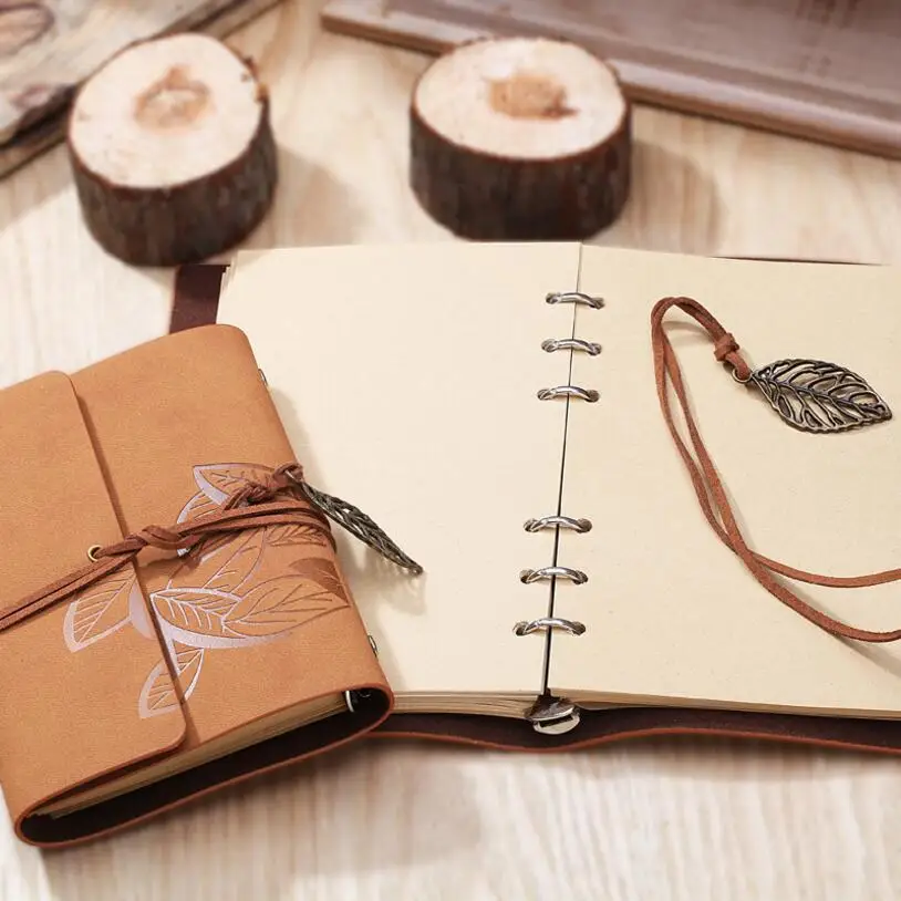 7 Inch 18.5x12.5cm PU Leather Vintage Khaki Paper Maple Leaf Photo Album Diary Notebook 80 Sheets Steel Ring Binding Lron Leaves 33