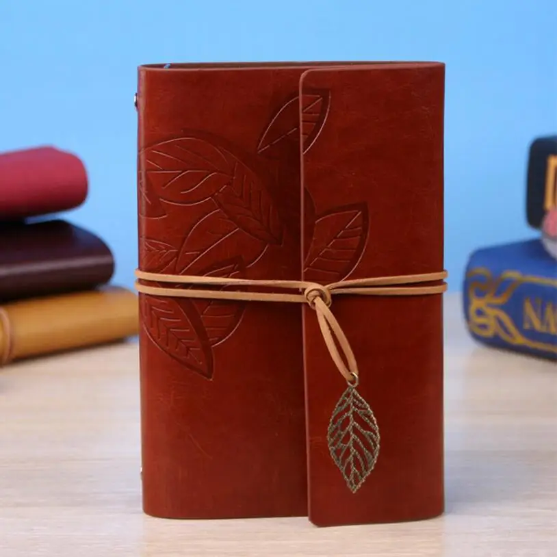 7 Inch 18.5x12.5cm PU Leather Vintage Khaki Paper Maple Leaf Photo Album Diary Notebook 80 Sheets Steel Ring Binding Lron Leaves 39