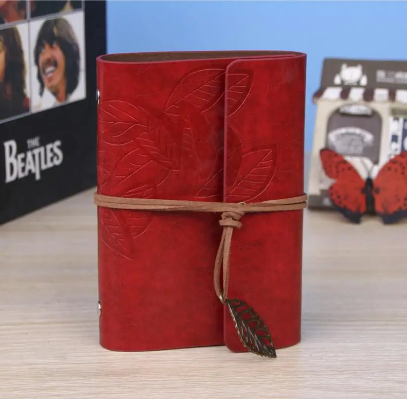 7 Inch 18.5x12.5cm PU Leather Vintage Khaki Paper Maple Leaf Photo Album Diary Notebook 80 Sheets Steel Ring Binding Lron Leaves 42