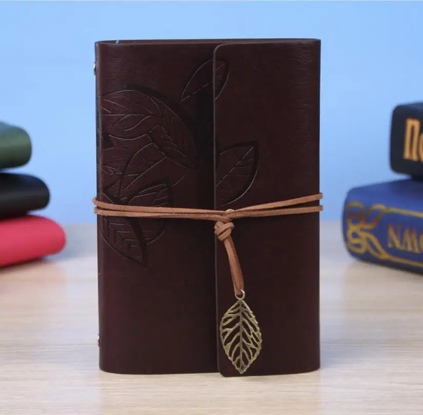 7 Inch 18.5x12.5cm PU Leather Vintage Khaki Paper Maple Leaf Photo Album Diary Notebook 80 Sheets Steel Ring Binding Lron Leaves 43