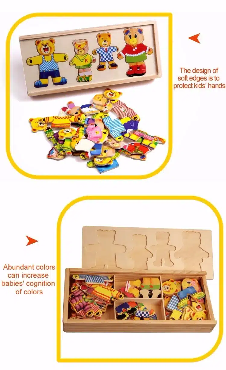 little bear change clothes Children's early education Wooden jigsaw Puzzle Dressing game Baby Wooden Puzzle toys free shipping 11