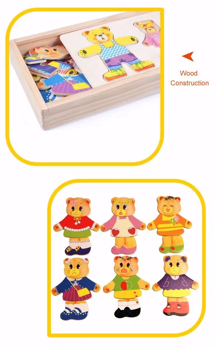little bear change clothes Children's early education Wooden jigsaw Puzzle Dressing game Baby Wooden Puzzle toys free shipping 12