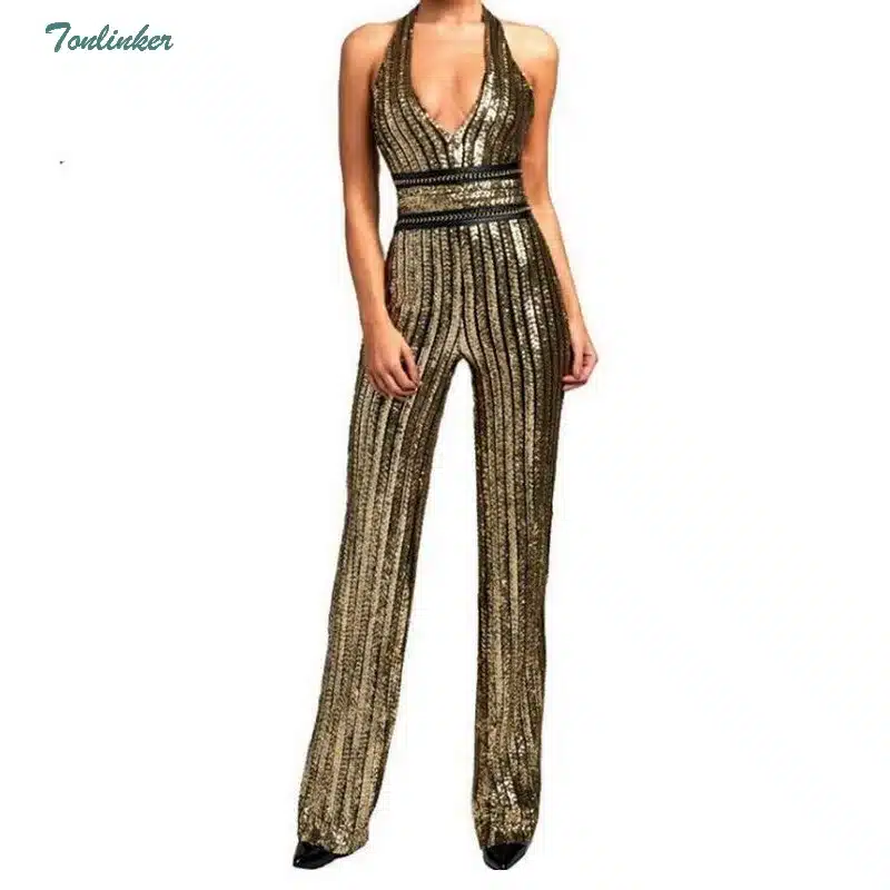 Tonlinker 2018 Gold Sequin Jumpsuit Women Sexy Party suit V Neck Backless Women Clubwear Bodysuit Overalls Macacao Feminino 2