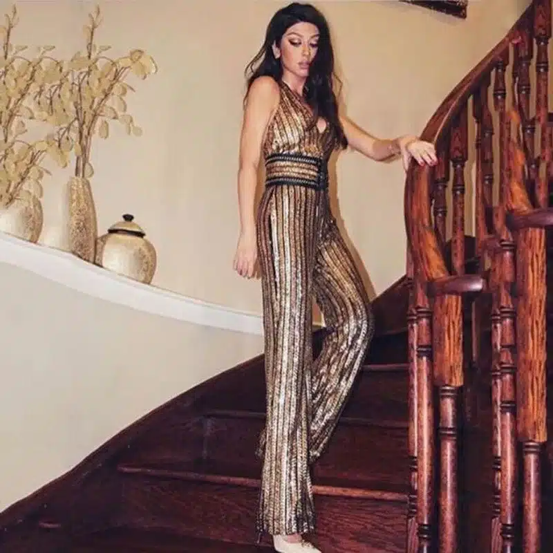 Tonlinker 2018 Gold Sequin Jumpsuit Women Sexy Party suit V Neck Backless Women Clubwear Bodysuit Overalls Macacao Feminino 5