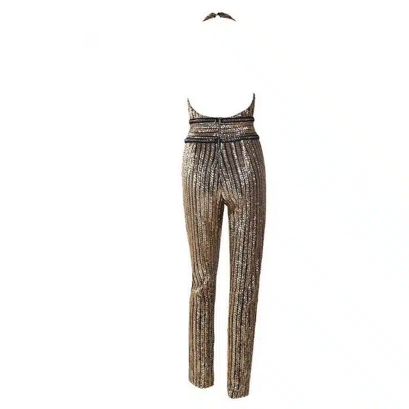 Tonlinker 2018 Gold Sequin Jumpsuit Women Sexy Party suit V Neck Backless Women Clubwear Bodysuit Overalls Macacao Feminino 7