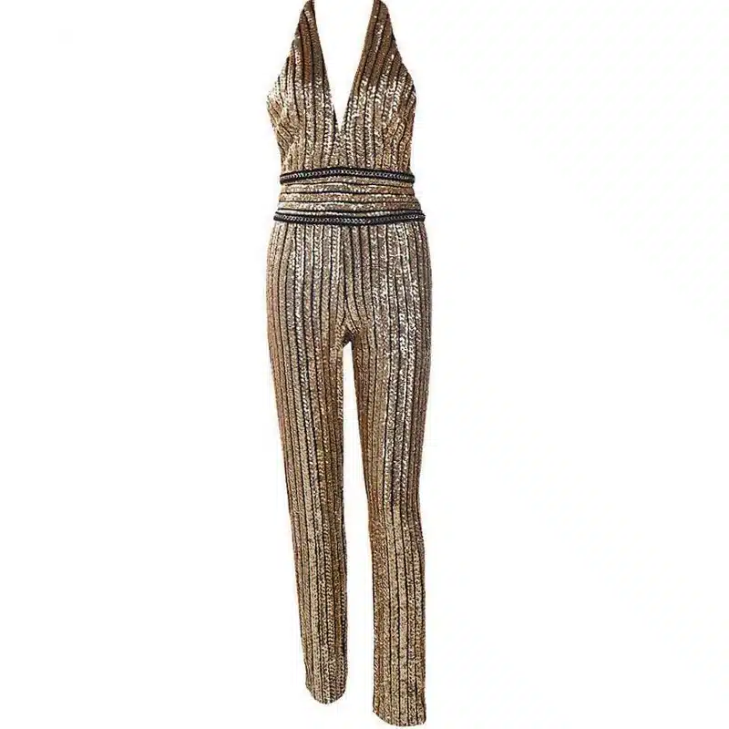 Tonlinker 2018 Gold Sequin Jumpsuit Women Sexy Party suit V Neck Backless Women Clubwear Bodysuit Overalls Macacao Feminino 8