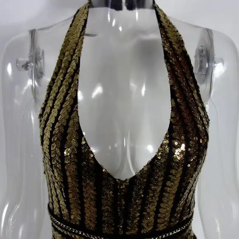 Tonlinker 2018 Gold Sequin Jumpsuit Women Sexy Party suit V Neck Backless Women Clubwear Bodysuit Overalls Macacao Feminino 9