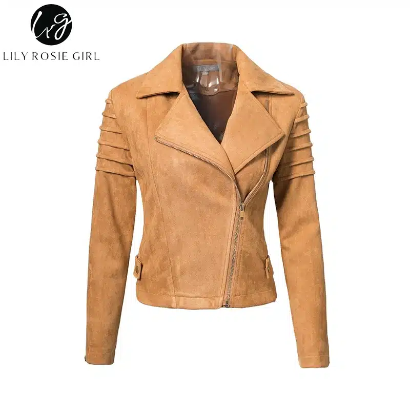 Lily Rosie Girl Casual Suede Leather Women Jacket Ruffle Long Sleeve Short Coats 2018 Spring Female Fuax Coat Outerwear Crop Top 20
