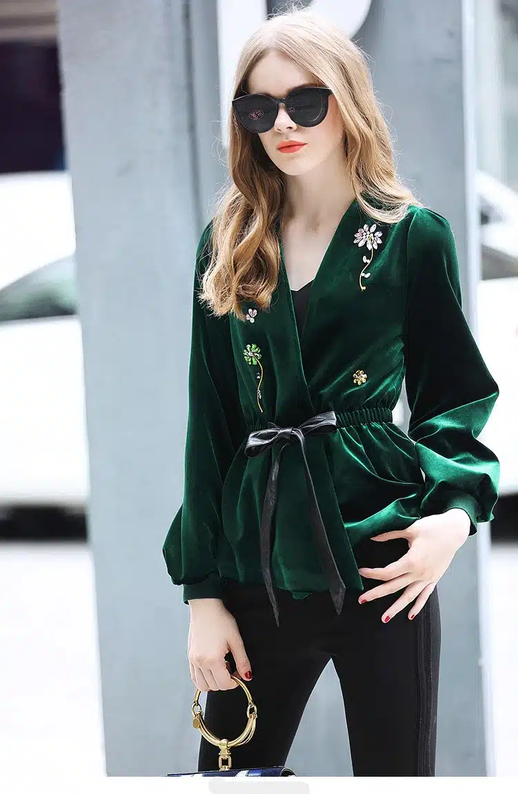 UK Winter New Style Beading Luxury Cardigan Jackets 2018 Long Sleeve Green / Black Spring Flower Velvet Beaded Jacket Women 11