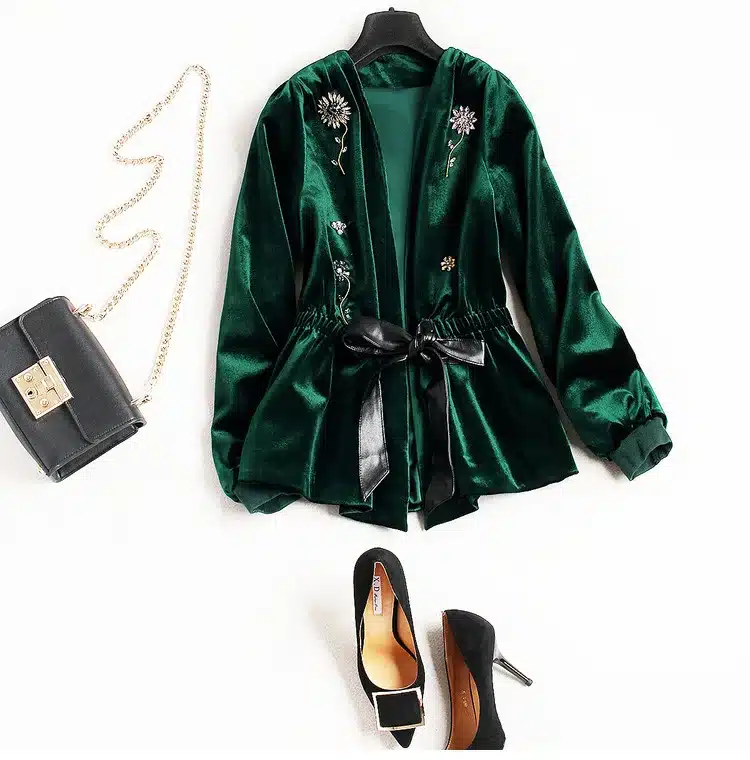 UK Winter New Style Beading Luxury Cardigan Jackets 2018 Long Sleeve Green / Black Spring Flower Velvet Beaded Jacket Women 14