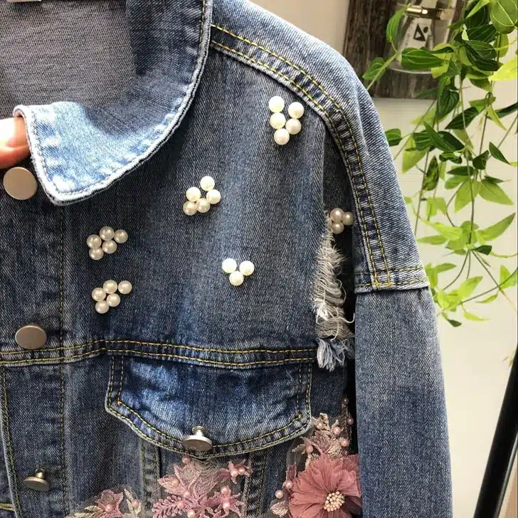 2018 Spring Autumn Jeans Jacket Coat Woman New Heavy Stereo Pink Flower Embroidered Hole Denim Jackets Student Basic Coats 5