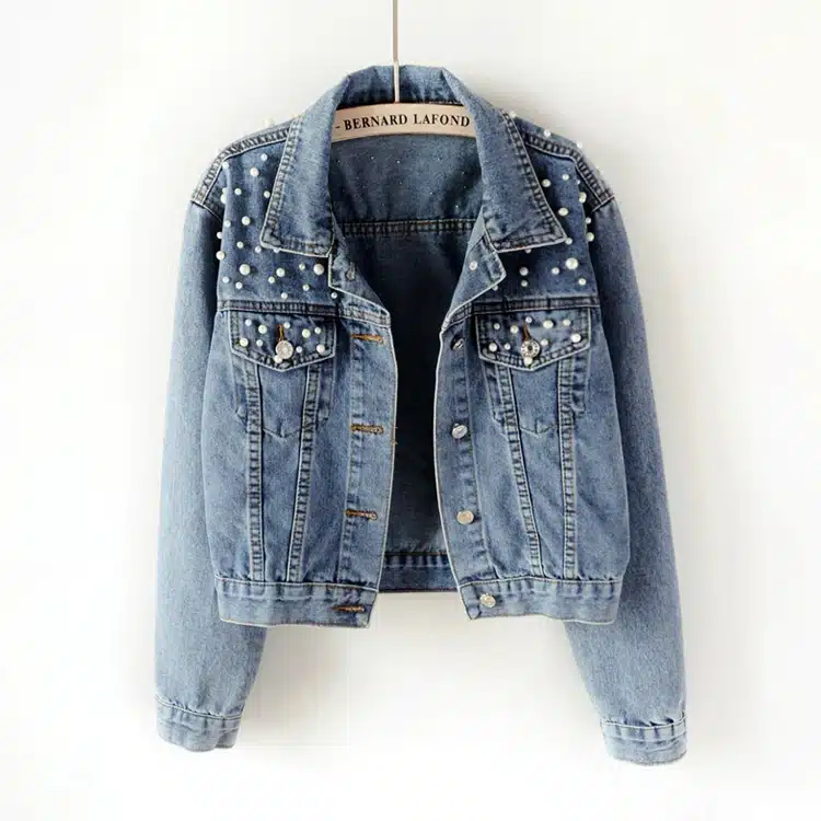 2018 Spring Women Basic Coats Women Denim Jacket Pearls Beading Kpop Jeans Coat Loose Long Sleeve Jackets 1667 1